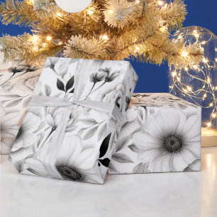 Elegante winter zwart-wit bloemenkerst cadeaupapier