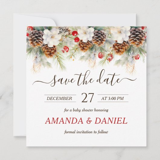 Elegante winteras Evergreen Baby shower Save The Date (Achterkant)