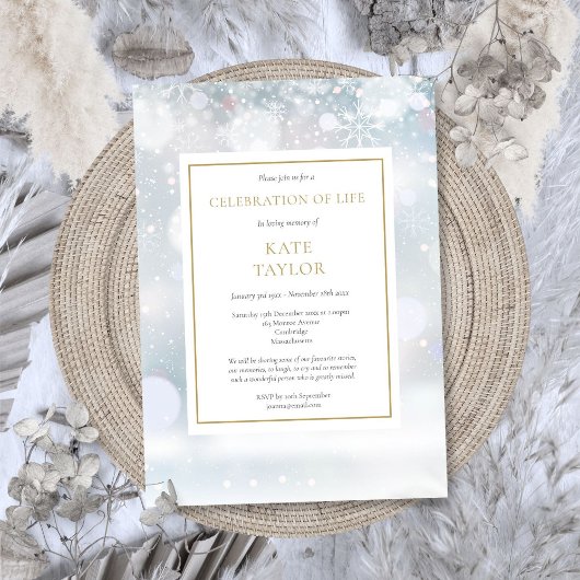 Elegante winterbegrafenis viering van het leven kaart
