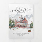 Elegante Winterberg Skihut Bruiloft Drieluik Uitnodiging (Cover)