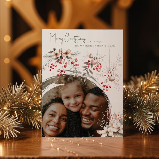 Elegante winterbessen & bloemen Kerstmis Feestdagenkaart