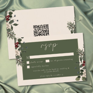 Elegante Winterbessen & Dennen ivoor Trouw QR RSVP Kaartje