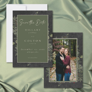 Elegante winterbessen dennen zwart trouwfoto save the date