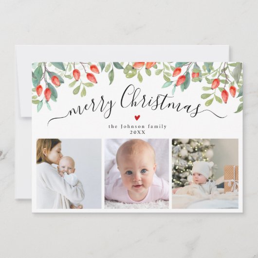 Elegante winterbessen drie foto kerst feestdagenkaart (Voorkant)