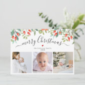 Elegante winterbessen drie foto kerst feestdagenkaart (Staand voorkant)