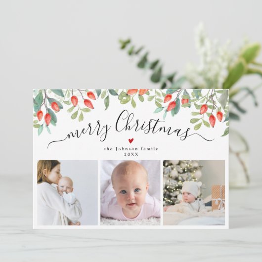 Elegante winterbessen drie foto kerst feestdagenkaart (Staand voorkant)
