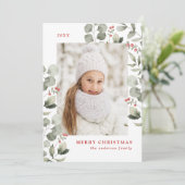 Elegante winterblad en hulstbessen foto feestdagenkaart (Staand voorkant)