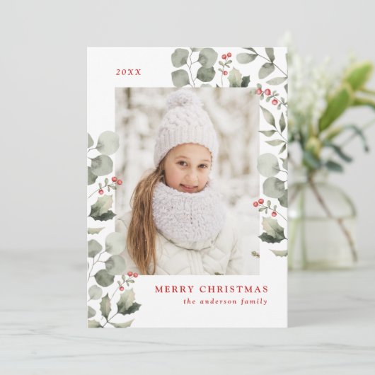 Elegante winterblad en hulstbessen foto feestdagenkaart (Staand voorkant)