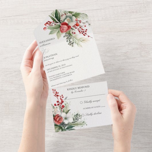 Elegante winterbloemen, bessen & dennen all in one uitnodiging (Afscheurbaar)