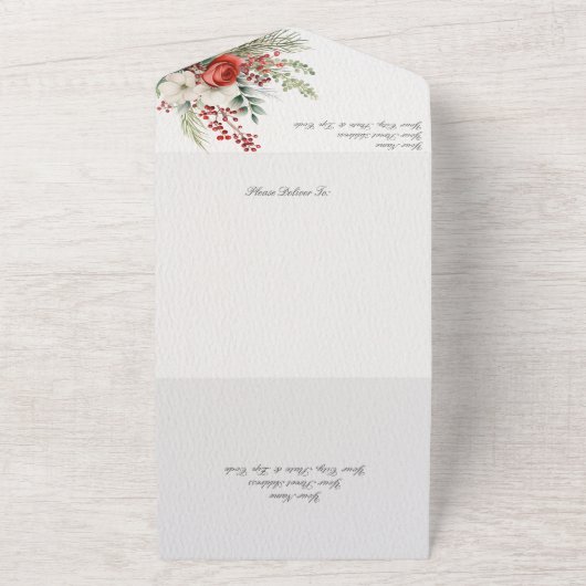 Elegante winterbloemen, bessen & dennen QR-code All In One Uitnodiging (Buitenkant)