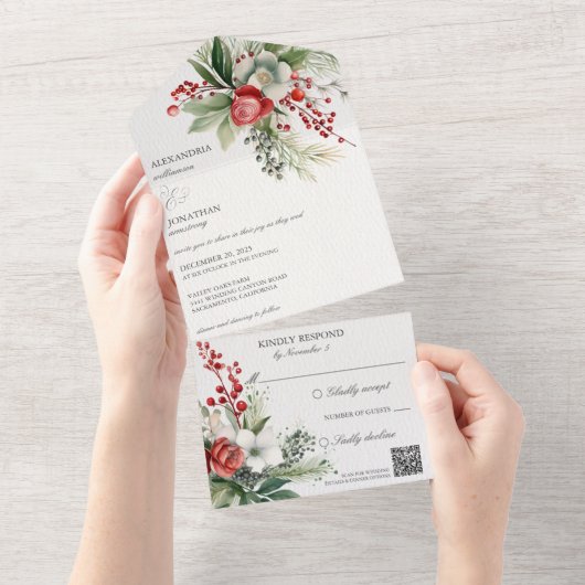 Elegante winterbloemen, bessen & dennen QR-code All In One Uitnodiging (Afscheurbaar)