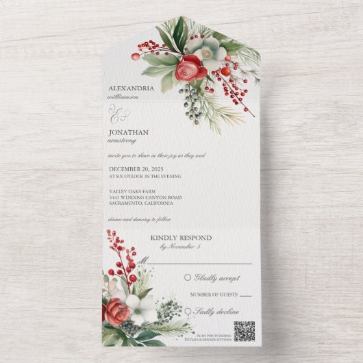 Elegante winterbloemen, bessen & dennen QR-code All In One Uitnodiging (Binnen)