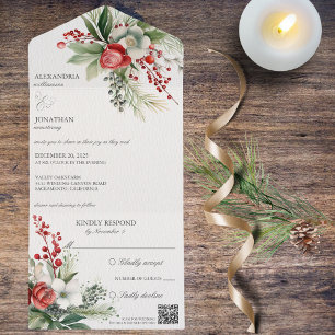 Elegante winterbloemen, bessen & dennen QR-code All In One Uitnodiging