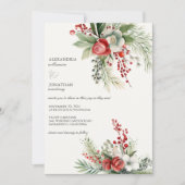 Elegante winterbloemen, bessen & dennenbruiloft kaart (Voorkant)