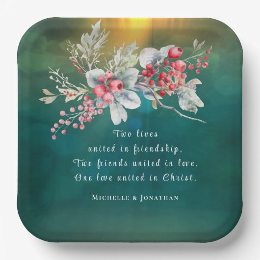 Elegante winterbloemen op groene Christelijke brui Papieren Bordje (Voorkant)