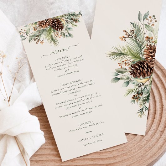 Elegante Winterdennen Groene Huwelijks Menu