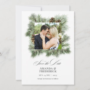 Elegante Winterdennen Kerst Huwelijksfoto Save The Date