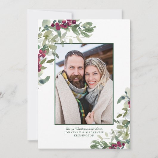 Elegante Wintergroen Kerstvakantie Foto Feestdagenkaart (Voorkant)