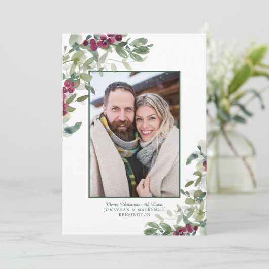 Elegante Wintergroen Kerstvakantie Foto Feestdagenkaart (Staand voorkant)