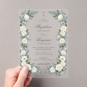 Elegante Wintergroen Witte Bloemige Bruiloft Acryl Uitnodigingen