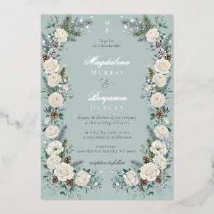 Elegante Wintergroen Witte Bloemige Bruiloft Folie Uitnodiging