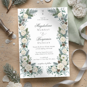 Elegante Wintergroen Witte Bloemige Bruiloft Kaart