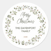 Elegante wintergroene krans ronde sticker (Voorkant)