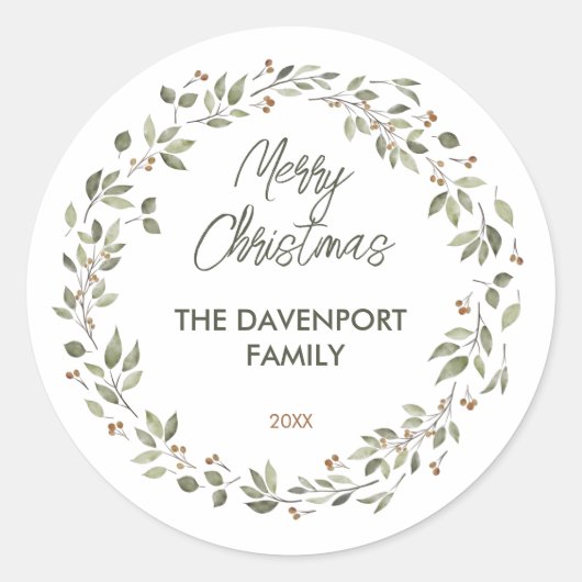 Elegante wintergroene krans ronde sticker (Voorkant)