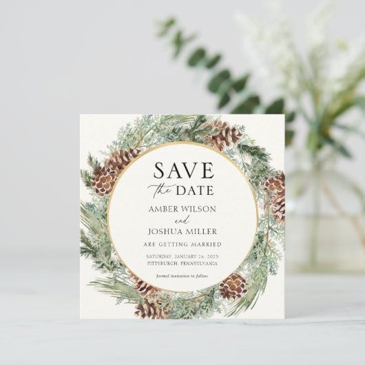 Elegante wintergroene trouwkaart 'Save the Date' Kaart (Staand voorkant)