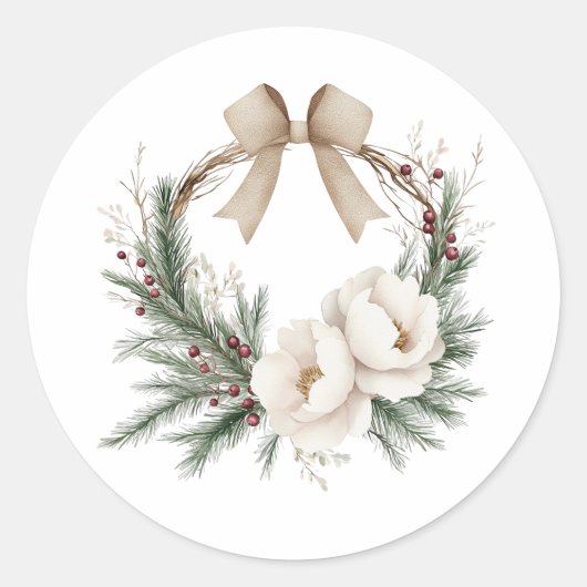 Elegante Winterkrans & Strik Kerstmis Ronde Sticker (Voorkant)