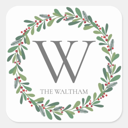 Elegante winterlente monogram kerstvakantie vierkante sticker (Voorkant)