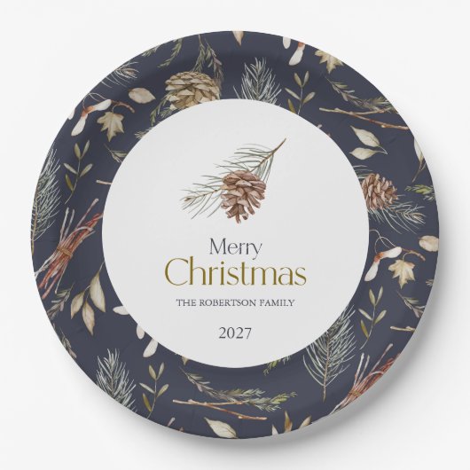 Elegante winterpapier Borden met pinecones Papieren Bordje (Voorkant)