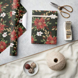 Elegante winterpoinsettia tegen donkere achtergron cadeaupapier