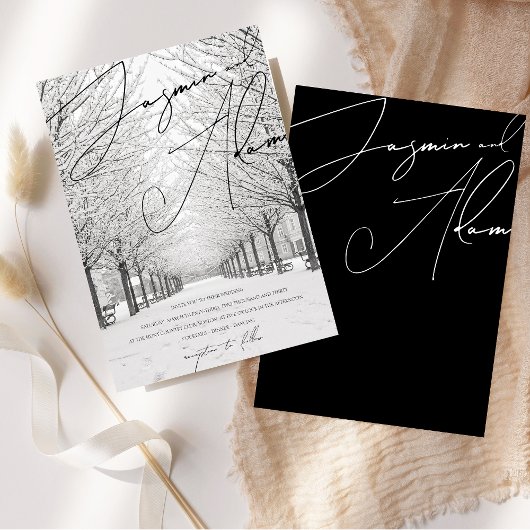 Elegante wintersneeuwlandschap script bruiloft kaart