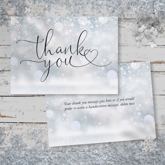 Elegante wintersneeuwvlokken hart script  bedankkaart