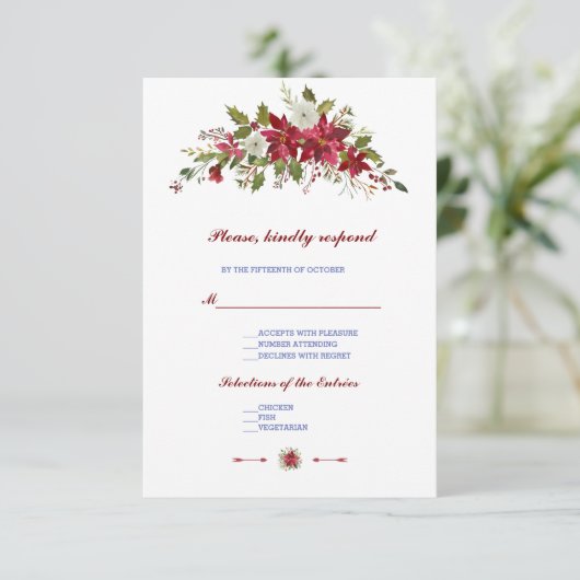 Elegante wintervakantie Poinsettia bruiloft RSVP (Staand voorkant)