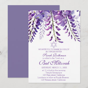 Elegante Wisteria Bloem Paarse Bat Mitzvah Kaart