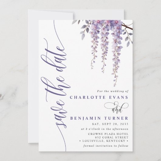 Elegante Wisteria Branch Floral Save the Date Kaar Kaart (Voorkant)