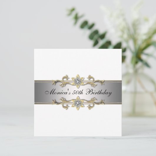Elegante Wit Goud 50ste Verjaardag Uitnodiging Fif (Staand voorkant)
