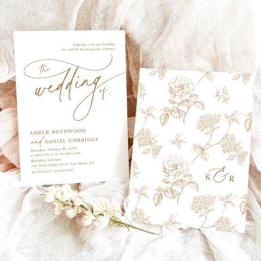 Elegante Wit & Goud  Bloemen Huwelijk Kaart