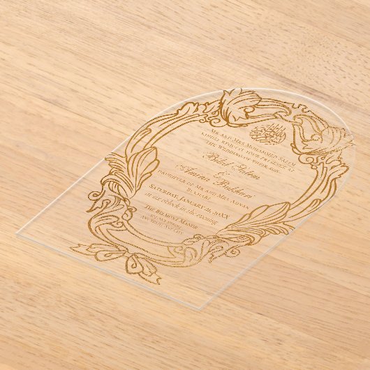Elegante Wit Goud Lijst Islamitische bruiloft Acryl Uitnodigingen (Laagn)