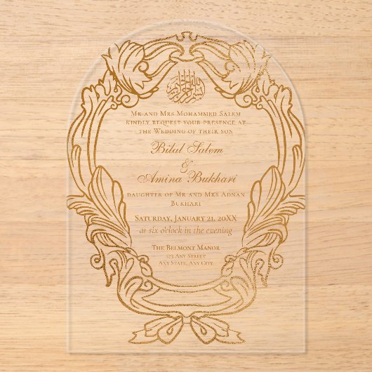 Elegante  Wit Goud Lijst Islamitische bruiloft Acryl Uitnodigingen (Voorkant)