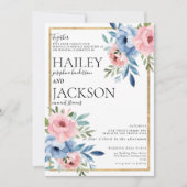 Elegante wit goud roze blauwe bloemen bruiloft kaart (Voorkant)