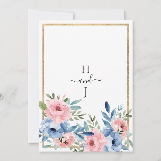 Elegante wit goud roze blauwe bloemen bruiloft kaart (Achterkant)