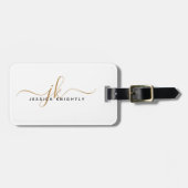 Elegante Wit Goud Script Monogram Naam Eenvoudig Bagagelabel (Voorkant horizontaal)