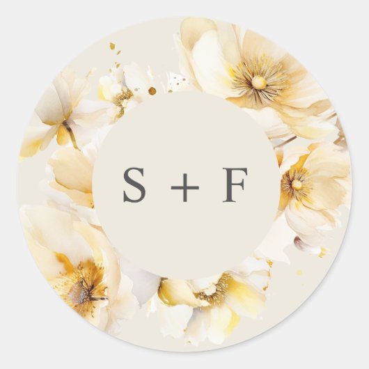 Elegante Wit Gouden Bloemen Initialen bruiloft Ronde Sticker (Voorkant)