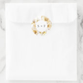 Elegante Wit Gouden Bloemen Initialen bruiloft Ronde Sticker (Tas)
