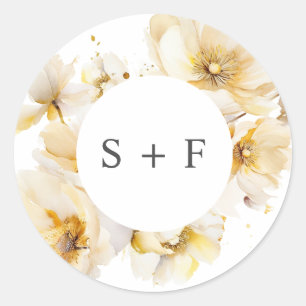 Elegante Wit Gouden Bloemen Initialen bruiloft Ronde Sticker