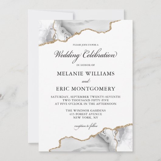 Elegante wit gouden marmeren agaat geode bruiloft kaart (Voorkant)