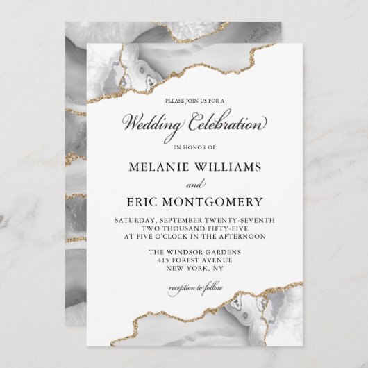Elegante wit gouden marmeren agaat geode bruiloft kaart (Voorkant / Achterkant)